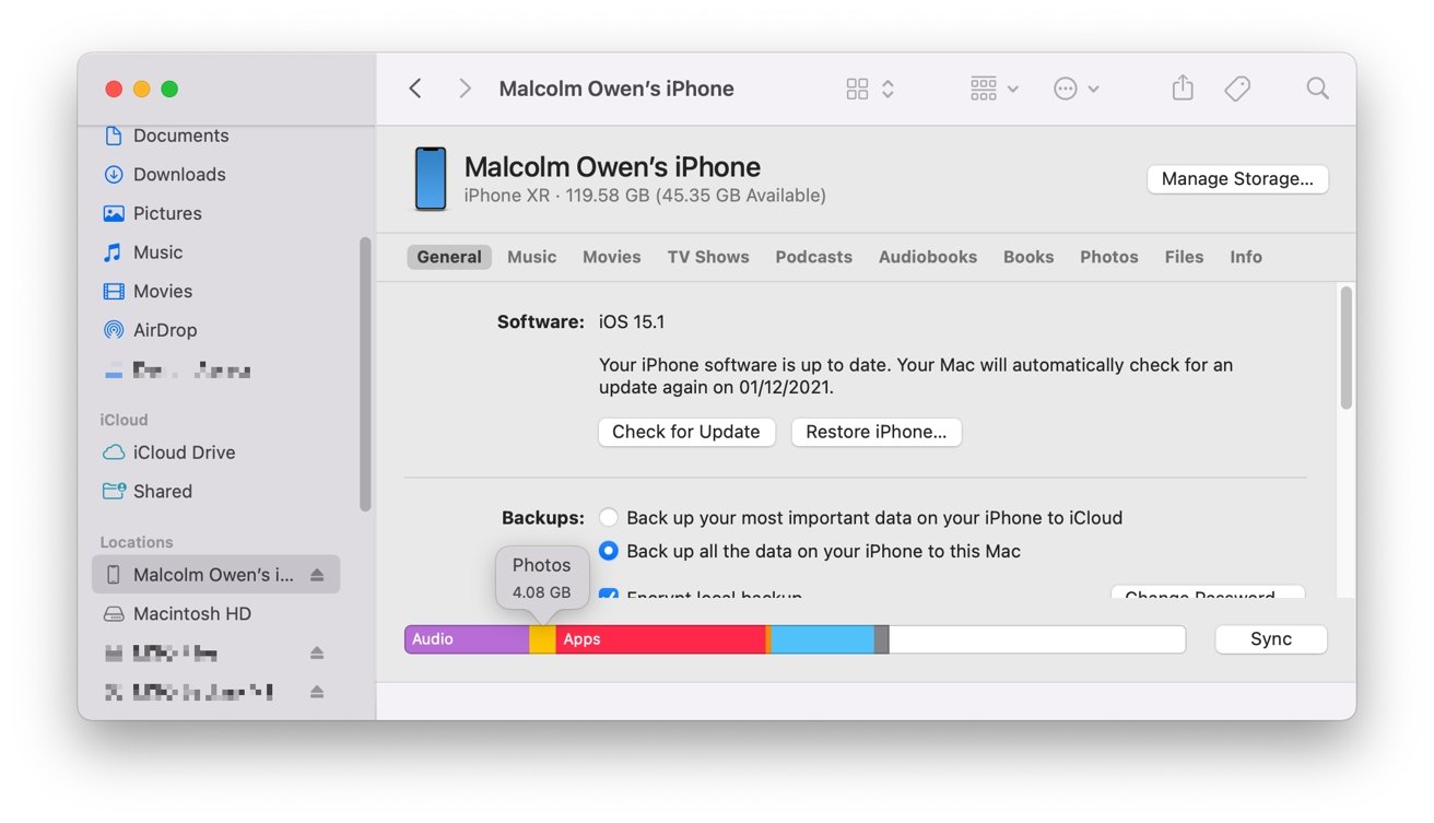 Conecte el iPhone a una Mac para obtener cifras más precisas de las categorías de almacenamiento. 