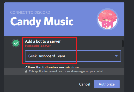 Seleccione su servidor Discord para agregar el bot