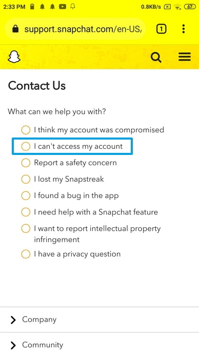 restablecer la contraseña de Snapchat sin número de teléfono o correo electrónico