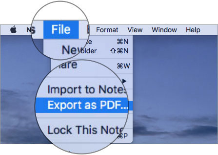انقر قائمة ملف وحدد تصدير بتنسيق PDF في تطبيق Mac Notes
