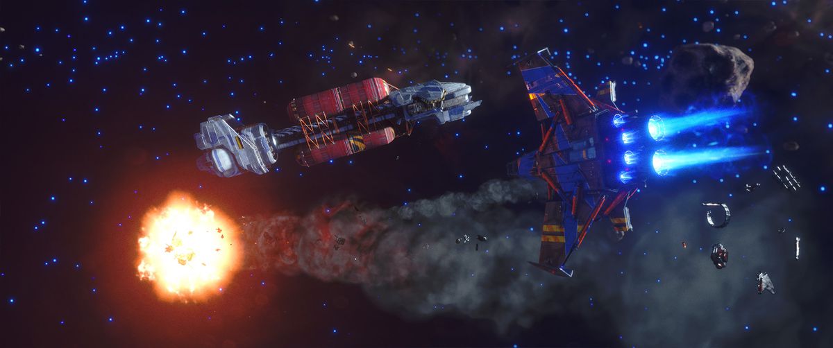 لاعب في سفينة متوسطة المستوى بأربعة أجنحة ، باللون الأحمر والأزرق ، يضيء سفينة عدو في معركة إلى جانب سفينة نقل كبيرة.