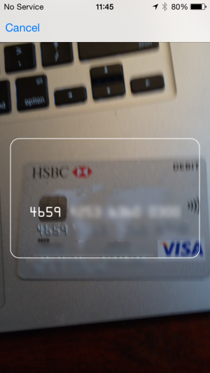 iOS 8 auto ملء تفاصيل بطاقة الائتمان باستخدام الكاميرا