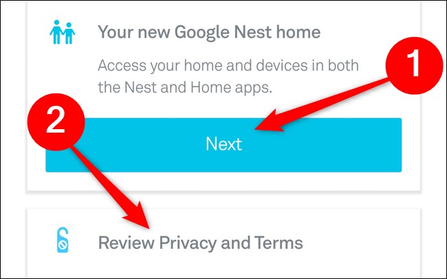 اختر تطبيق Nest الخاص بك وقم بمراجعة الخصوصية والشروط انقر فوق التالي