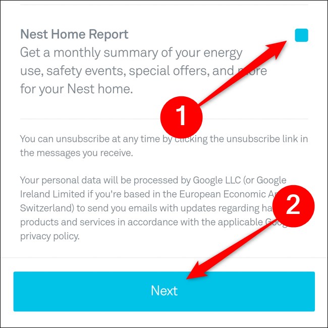 Nest App حدد رسائل البريد الإلكتروني لتلقيها ، انقر فوق التالي
