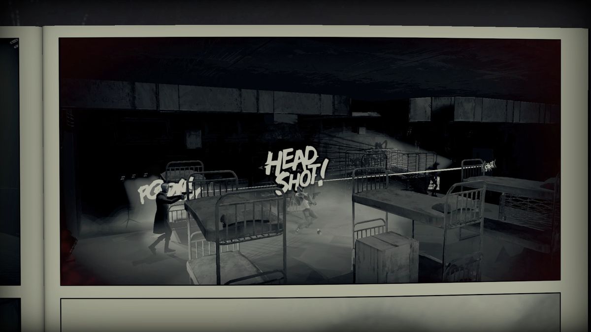 مشهد قابل للعب في Liberated مع شخصية تسجل قتلًا في منطقة مهجع ذات إضاءة خافتة.