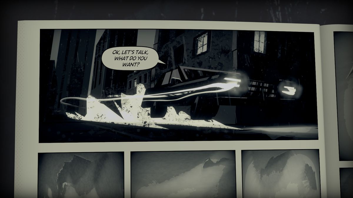 A cutscene في Liberated ، والذي يتضمن رسوم متحركة ثابتة من صفحات كتاب هزلي. تسرع السيارة في الليل بينما يقول الراكب: "حسنًا ، دعنا نتحدث ، ماذا تريد؟"