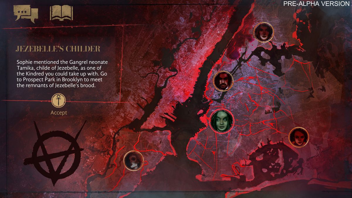 خريطة أكبر توضح نص نقطة قرار السرد في Jezebelle ، متراكبة فوق خريطة أكبر لنيويورك. الشوارع حمراء اللون والماء أسود.