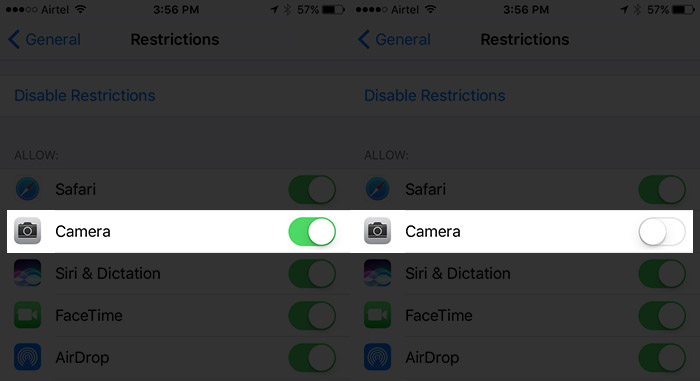 تعطيل الوصول إلى الكاميرا من قفل الشاشة في iOS 10 على iPhone