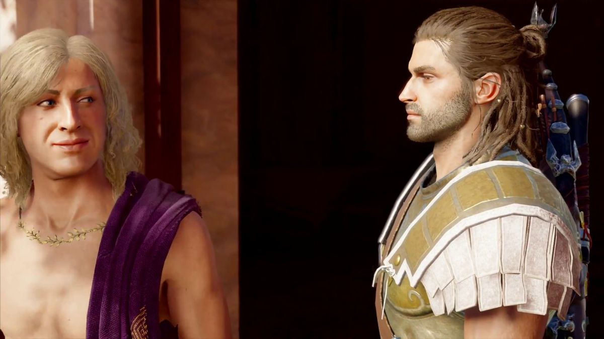 شخصيتان من Assassin’s Creed Odyssey ينظرون إلى بعضهم البعض من خلال زوايا عيونهم