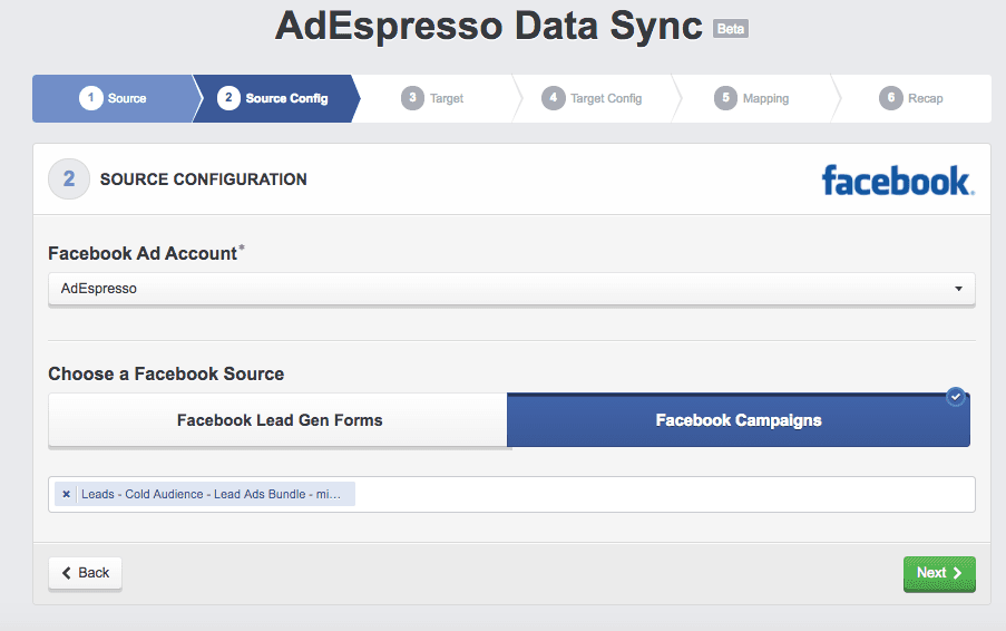 مزامنة بيانات AdEspresso لتوليد لوحة القيادة على Facebook