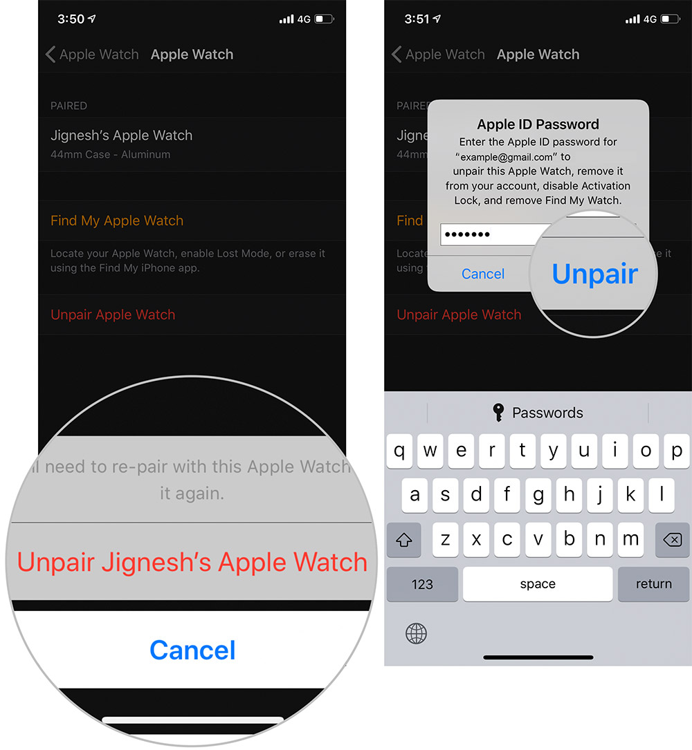 اضغط على Unpair Apple Watch على iPhone