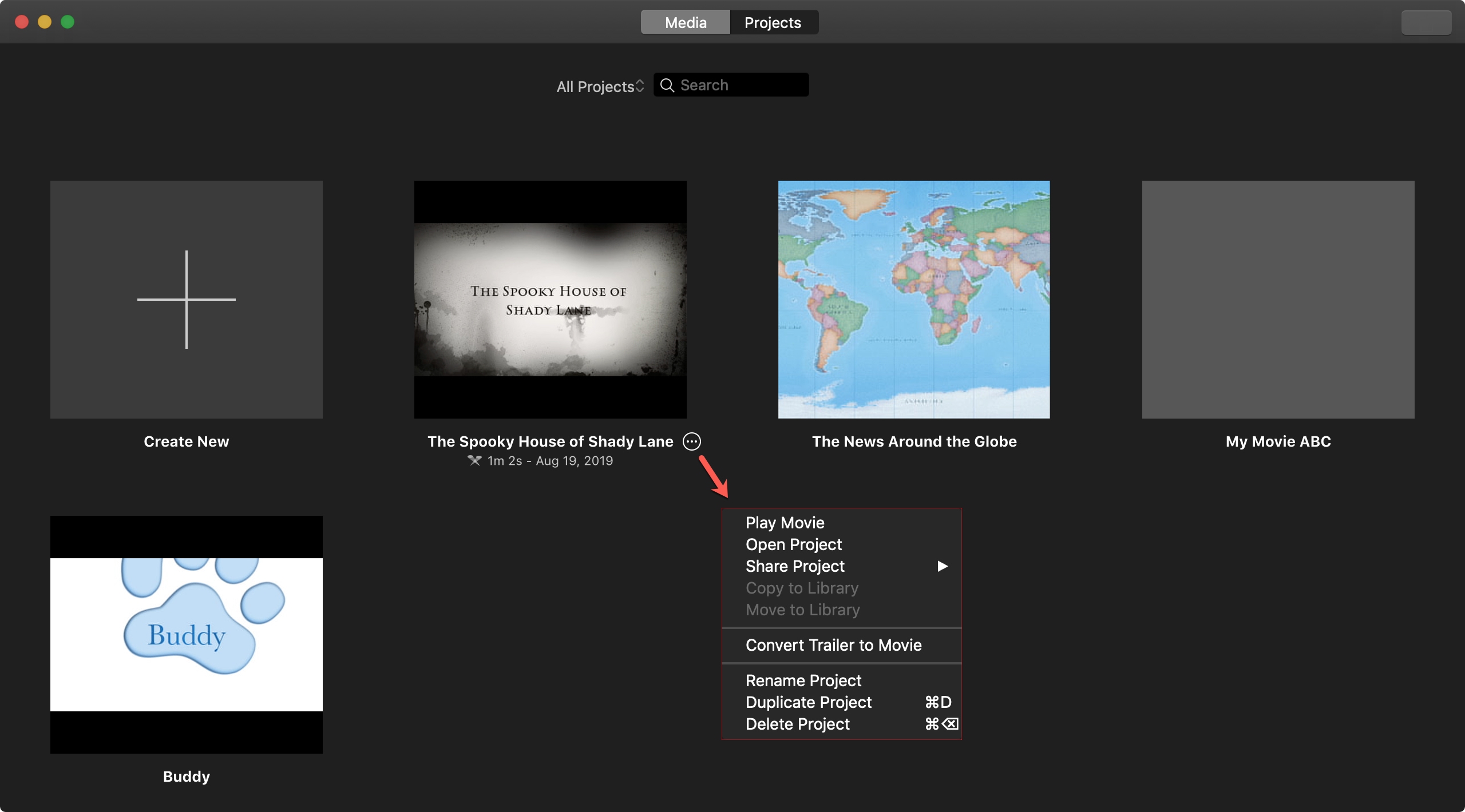 iMovie Project Actions Mac