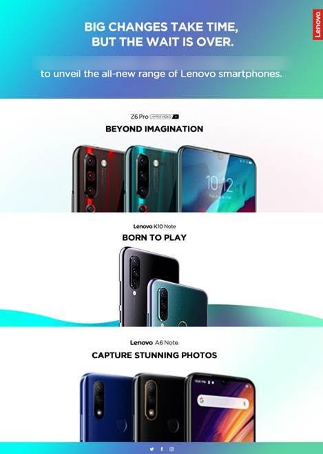 لينوفو Z6 برو ، K10 Note و A6 Note لإطلاق في الهند يوم 5 سبتمبر 1