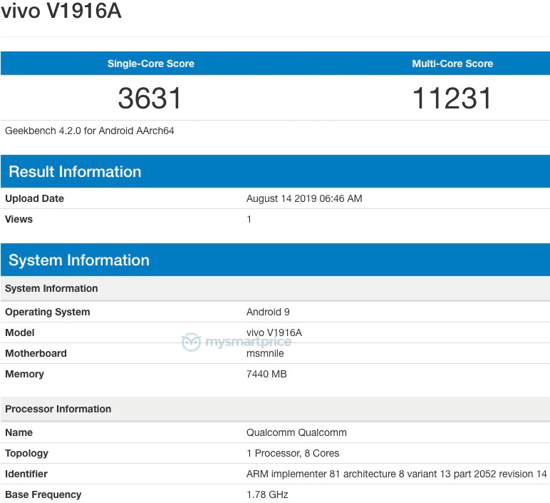 Vivo V1916A مع Snapdragon 855 ، 8GB من ذاكرة الوصول العشوائي رصدت على Geekbench 1