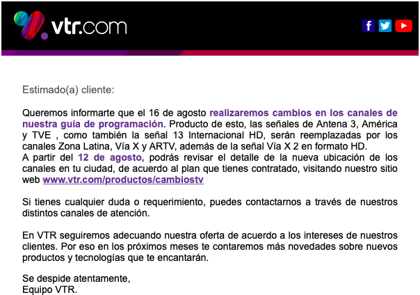 في 16 أغسطس ، عادت قنوات Zona Latina و Vía X و ARTV و Vía X 2 إلى VTR 2