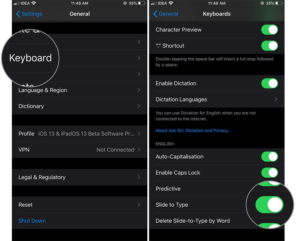 تمكين iPhone Swipe Keyboard في iOS 13