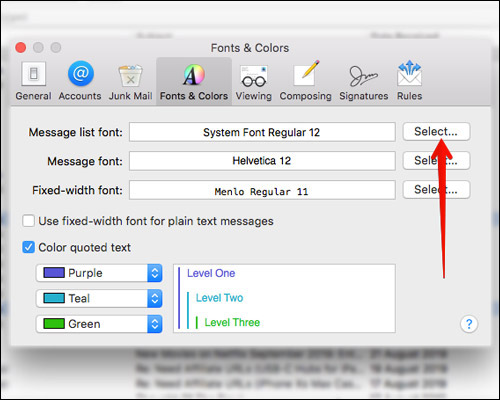 حدد لتغيير خيار خط قائمة الرسائل في تطبيق Mac Mail