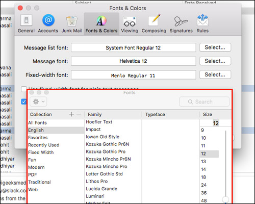 تخصيص خط قائمة الرسائل في تطبيق Mac Mail
