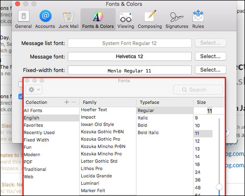 تخصيص خط الرسائل النصية العادية في تطبيق Mac Mail