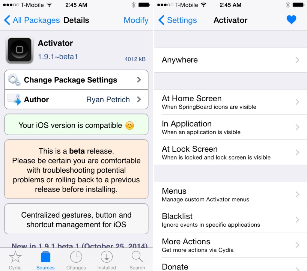 إن Activator و FlipSwitch و AppList ، متوافقان بالفعل مع iOS 8 Jailbreak 2