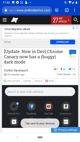 [Update: Live in stable for some] يمكنك إرسال علامات تبويب مباشرة إلى أجهزتك الأخرى على Chrome Canary v75 2