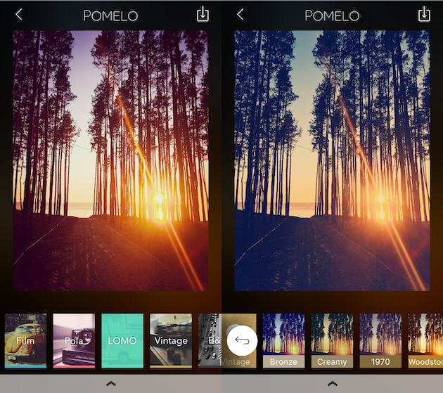 لقطات من Pomelo ، تطبيق مرشح لـ iPhone