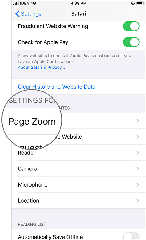 حدد الإعدادات لمواقع الويب ، ثم انقر فوق تكبير الصفحة في تطبيق iOS 13 Safari