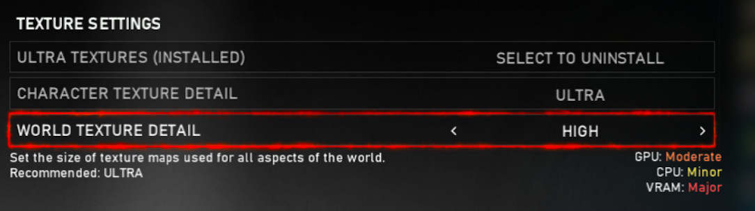 لقطة شاشة لإعدادات رسومات الكمبيوتر الشخصي في Gears 5 ، مع إبراز "تفاصيل نسيج العالم"