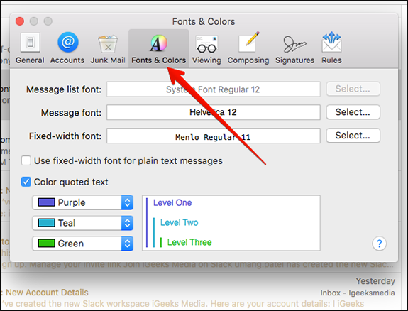 حدد علامة التبويب الخطوط والألوان في التفضيل على تطبيق Mac Mail