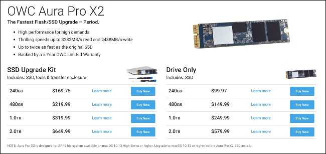 أسعار ترقية MacBook Pro SSD على OWC / MacSales.com.