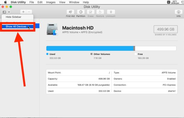 Cómo mostrar todos los dispositivos de disco en Mac Disk Utility