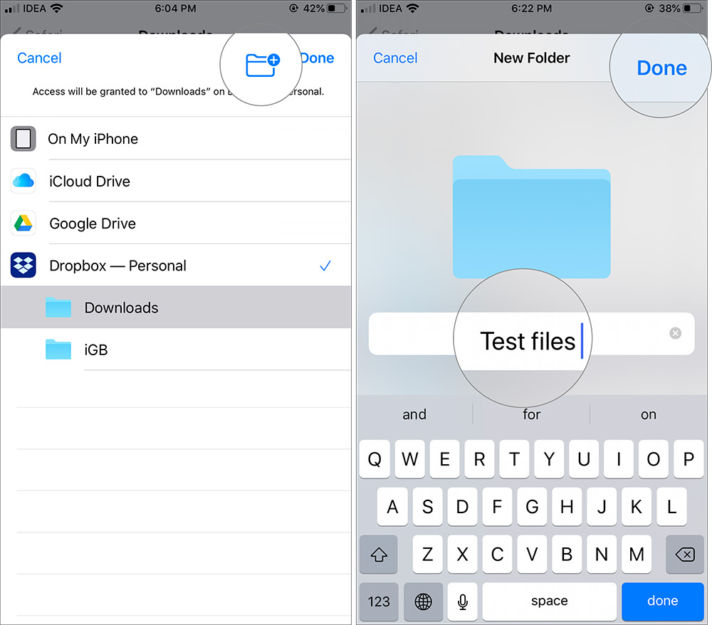 Crear nueva carpeta para guardar Safari Descargar archivos en iPhone