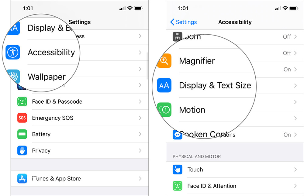 Toque Accesibilidad y seleccione Tamaño de pantalla y texto en la configuración de iOS 13