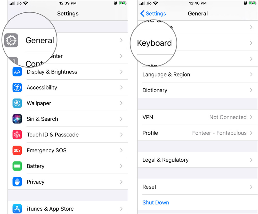 Toque General y Teclado en la configuración de iOS 13