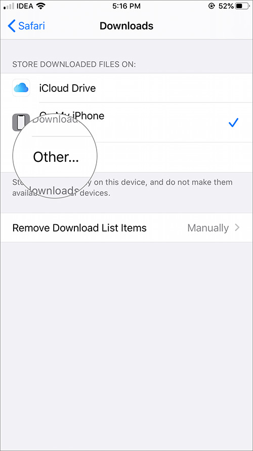 Toque Otro en Configuración de descargas de Safari en iPhone