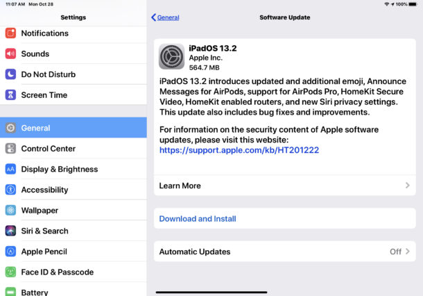 iPadOS 13.2 descarga de actualización