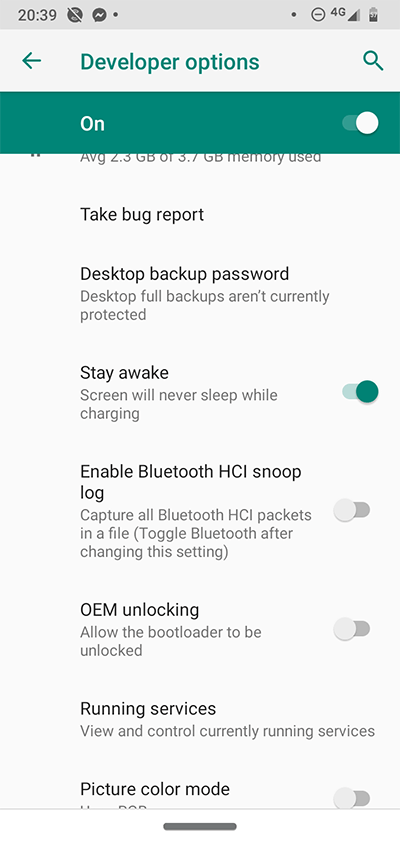Opciones de desarrollador de Android Stay Awake