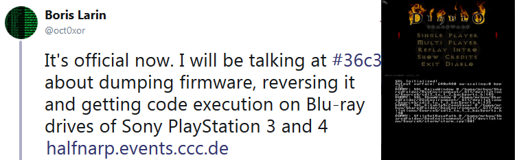 Noticias: Oct0xor hablará sobre la ejecución de código a través de la unidad de Blu-Ray en la PS3 y PS4 en 36C3 en diciembre y Diablo I portó a la 3DS junto con TwiLight Menu ++ 11.1.0 lanzamiento