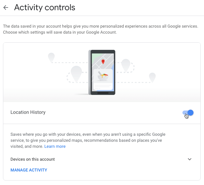 Configuración de privacidad de Google Historial de ubicaciones Alternar