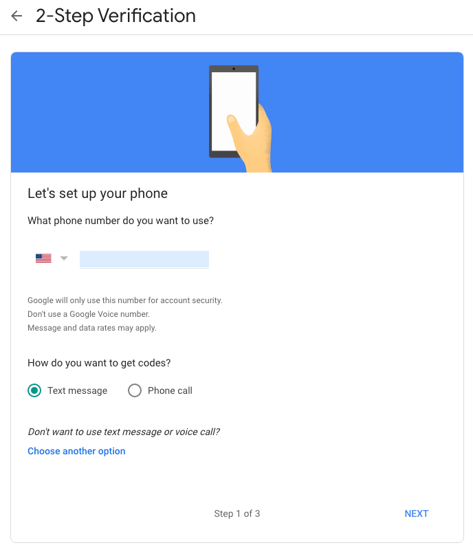 Configuración de privacidad de Google 2fa Ingresar teléfono