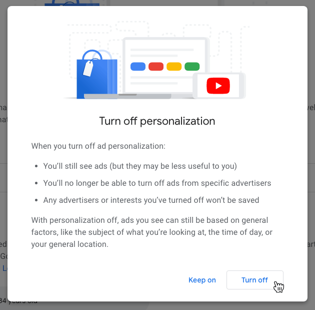 Configuración de privacidad de Google Personalización de anuncios Confirmar