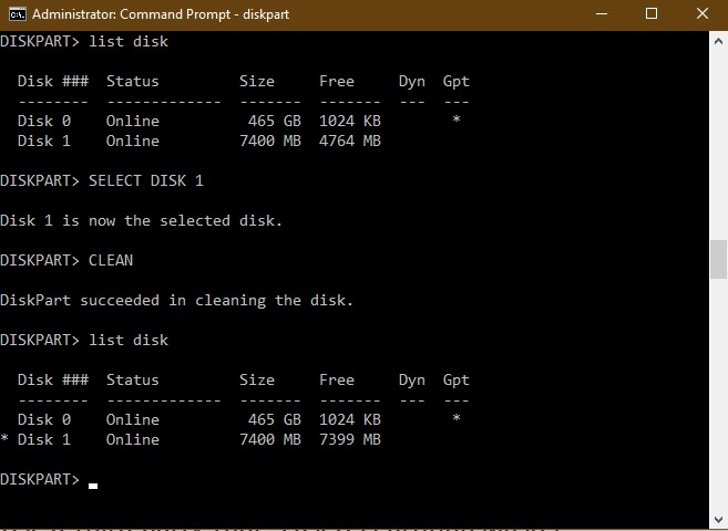 Diskpart tuvo éxito en la limpieza del disco Unidad USB Espacio libre
