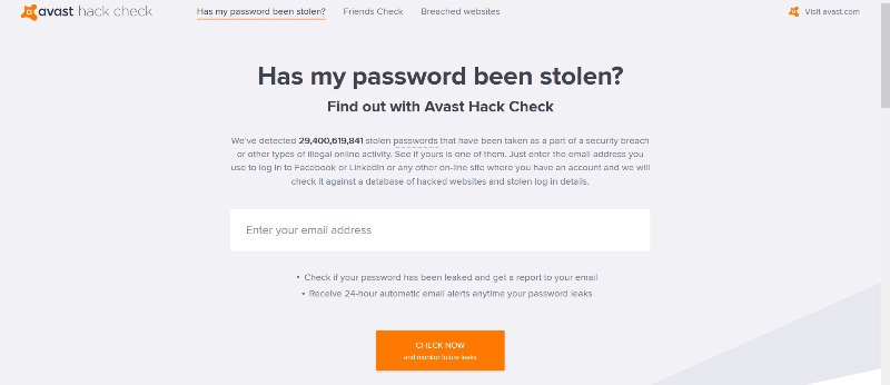 Монитор Avast Hack Проверить нарушения электронной почты