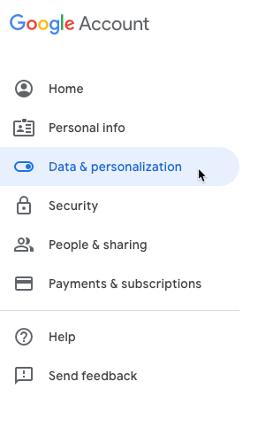 Datos de configuración de privacidad de Google y menú de personalización
