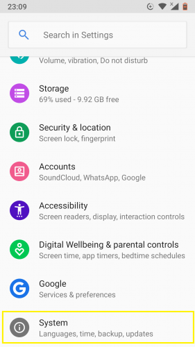 Akses gestur melalui sistem untuk mengonfigurasi gestur di Android 9 (Nougat).