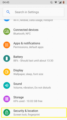 Sekcia Zabezpečenie a umiestnenie v Android Nougat.