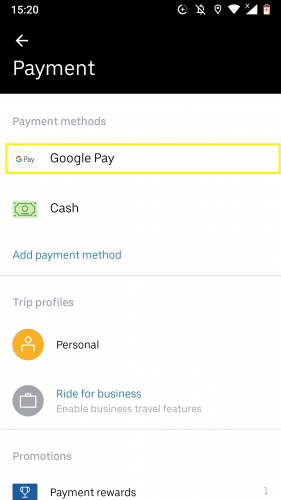 Aplikácia Uber pre Android: ako pridať alebo zmeniť spôsob platby 3