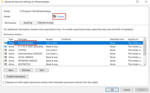 Доступ к папке WindowsApps в Windows 10