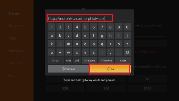 Masukkan URL APK Morphix TV untuk mengunduh dan menginstal aplikasi