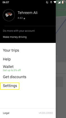 Inställningar i Uber för Android.